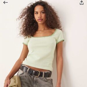 ASOS Square Neck Sage Green Short Sleeve Waffle Top w/ Blanket Stitch Size L